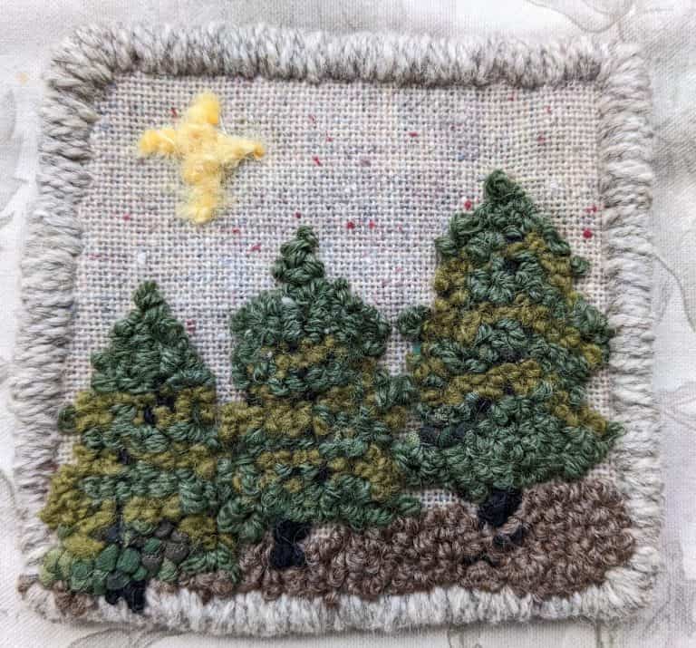 Rustic mug rug using yarn from New Brunswick