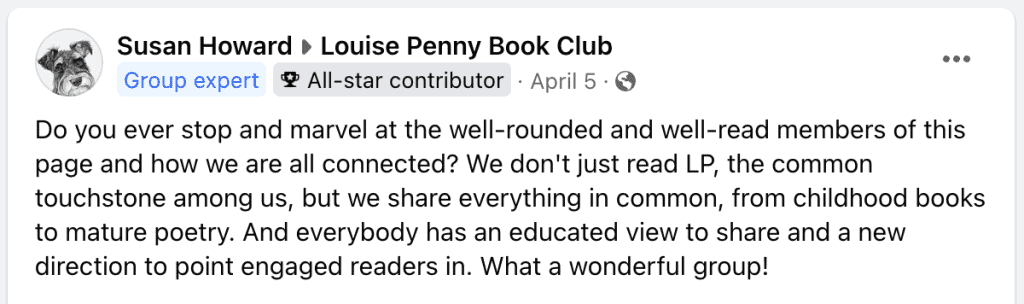Louise Penny FB group post 1