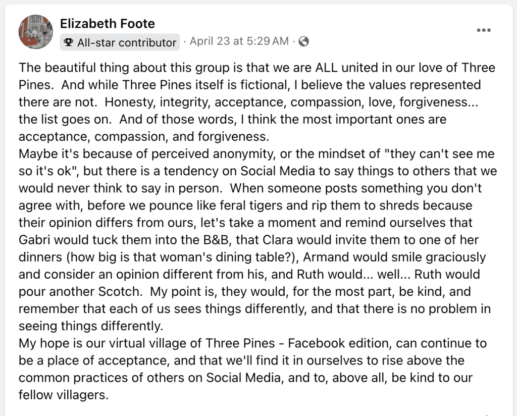 Louise Penny FB group post 3